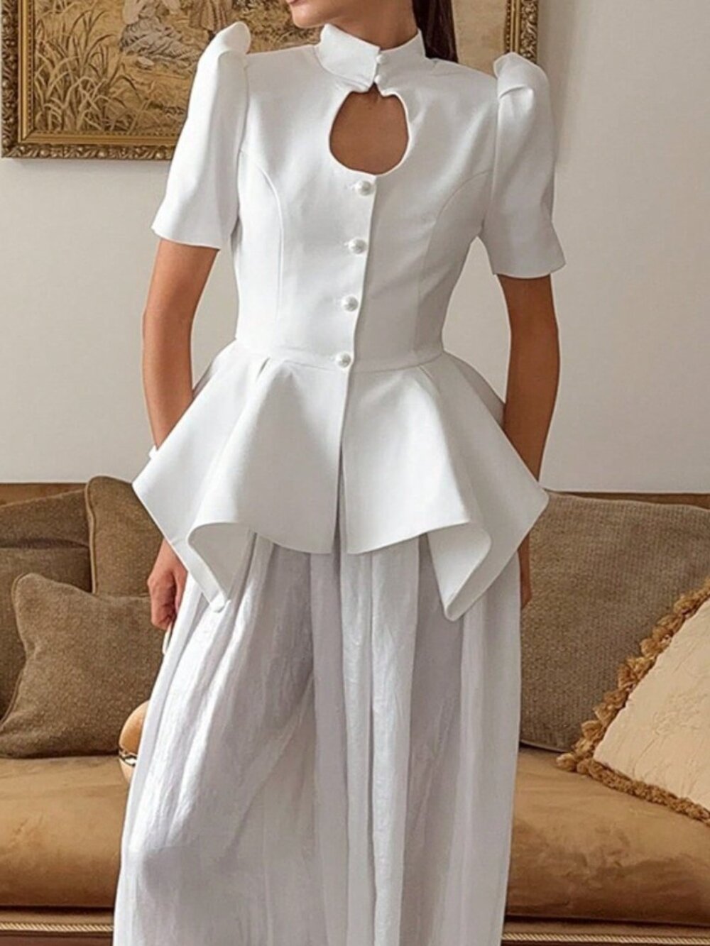 White Elegant Women's High Neck Keyhole Peplum Blazer